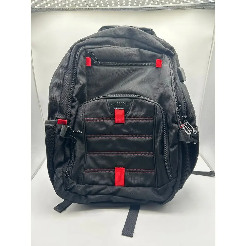 Anterk Travel Laptop Backpack USB Charging Port Black Red School Work Bag